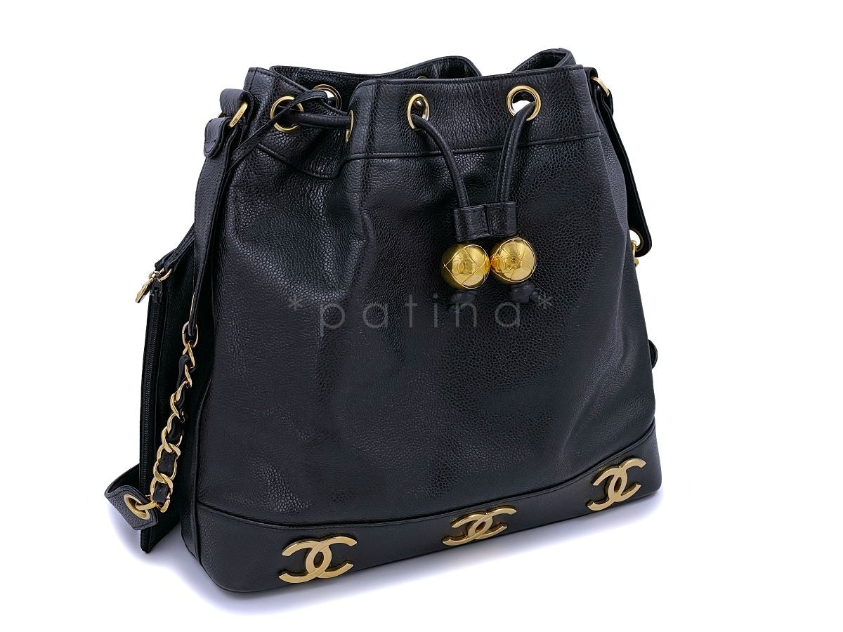 Chanel Vintage 1994 Black Caviar Drawstring Tote Bucket Bag 24k GHW