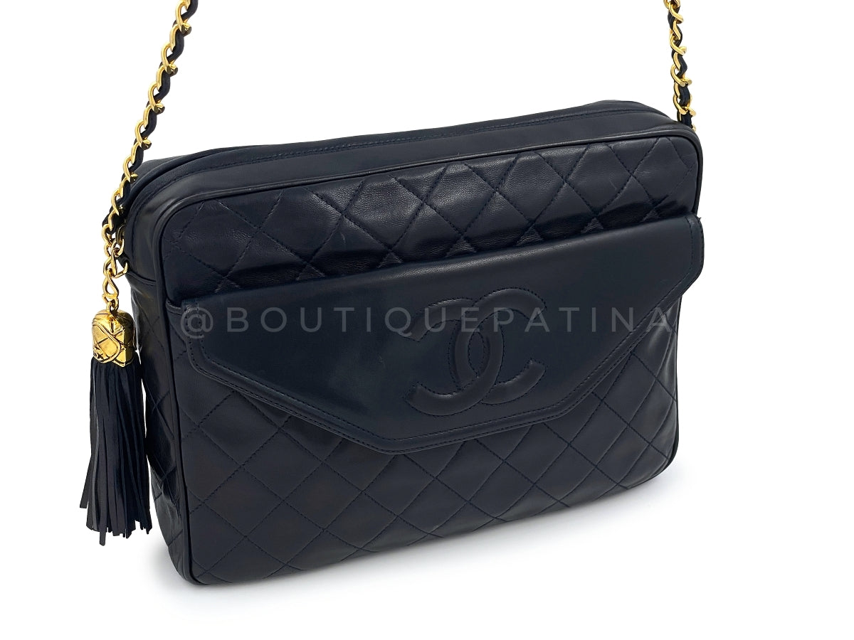 Chanel 1991 Vintage Midnight Blue-Black Envelope Flap Classic Camera Case Bag 24k GHW
