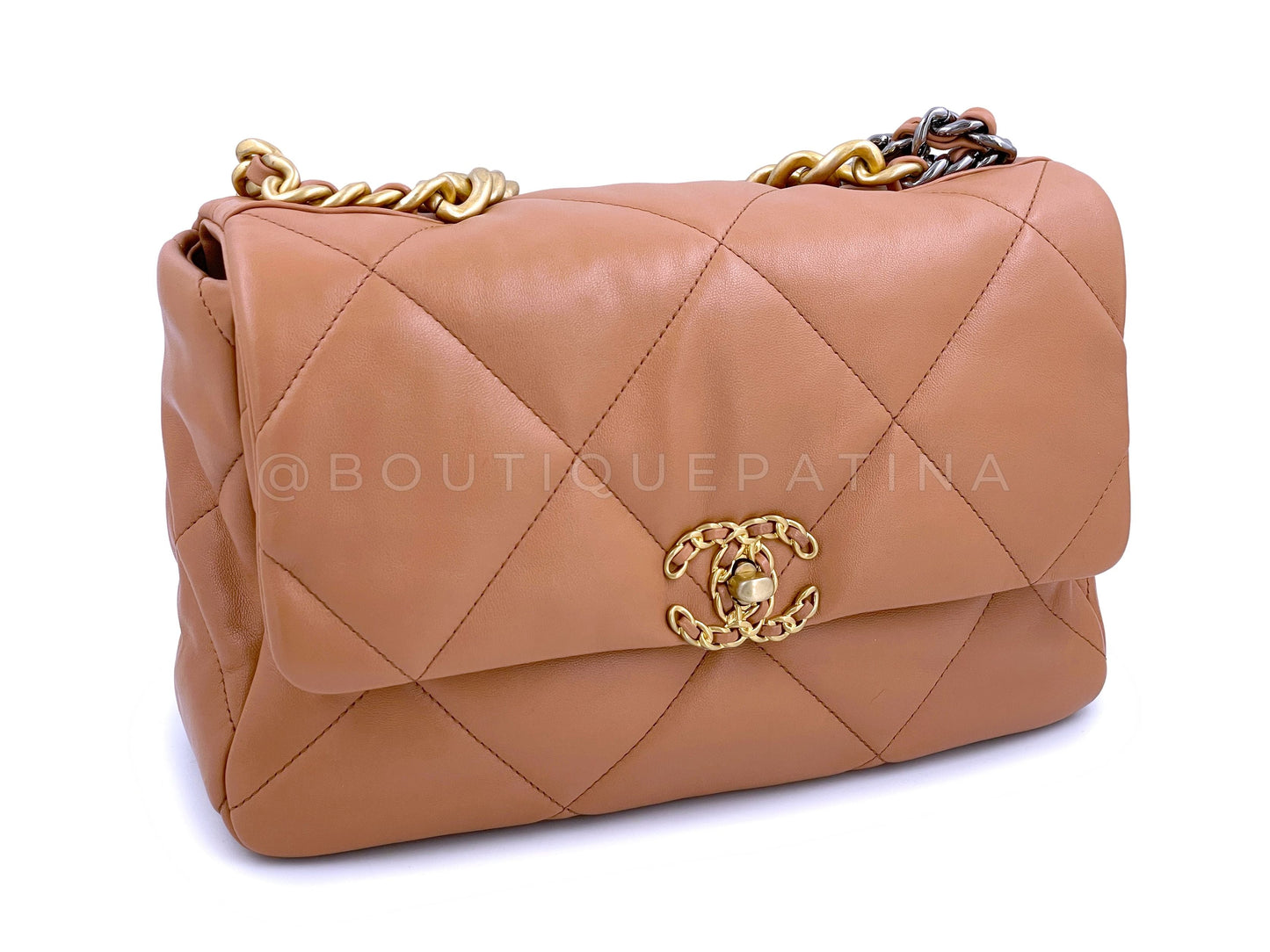 NIB 21K Chanel 19 Caramel Beige Brown Medium Flap Bag