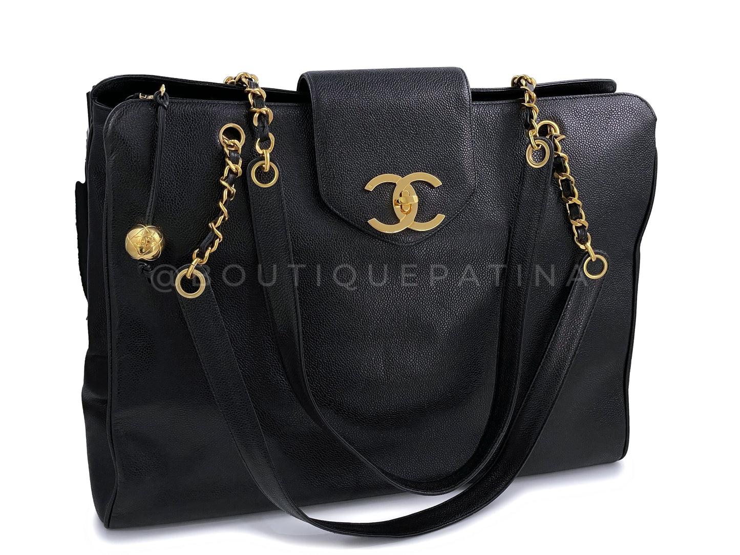Chanel Vintage 1995 Caviar Weekender Supermodel XL Shopper Tote Bag 24k GHW Black POV