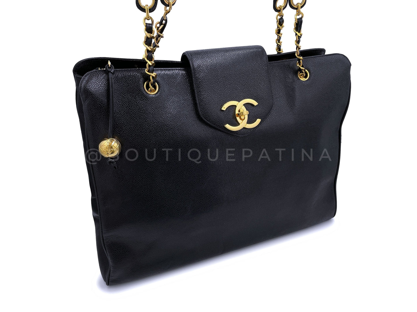 Chanel Vintage 1995 Caviar Weekender Supermodel XL Shopper Tote Bag 24k GHW Black POV