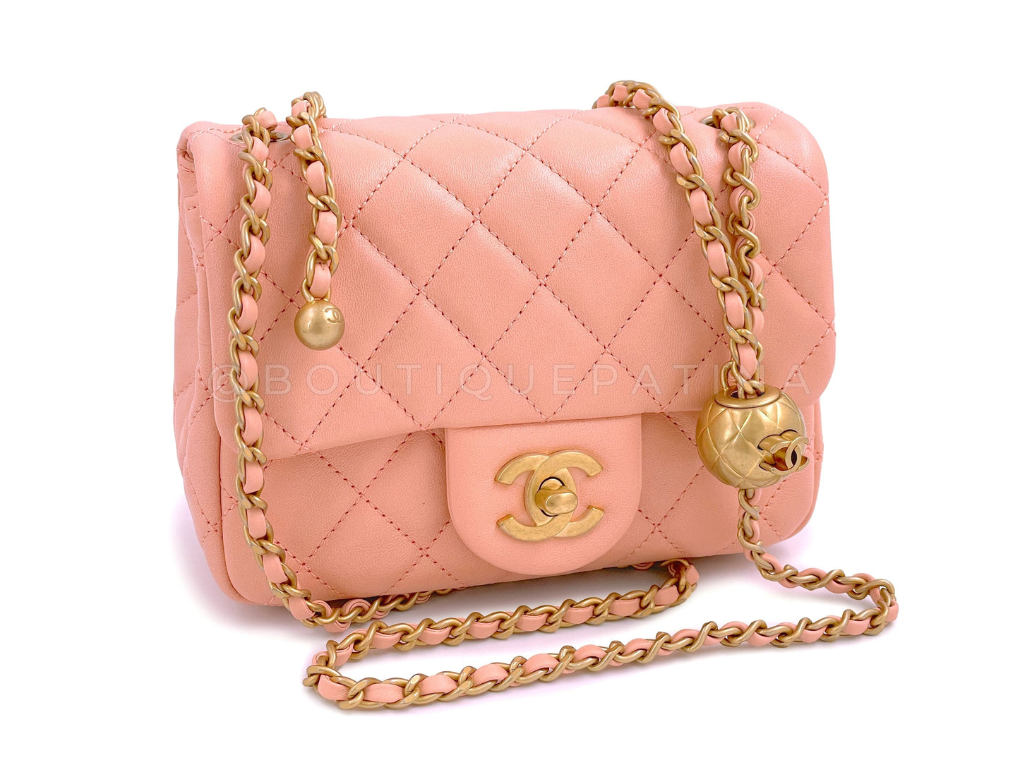 NIB 22C Chanel Pearl Crush Square Mini Flap Bag GHW Peachy Pink