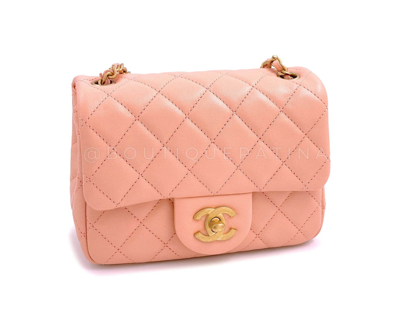 NIB 22C Chanel Pearl Crush Square Mini Flap Bag GHW Peachy Pink