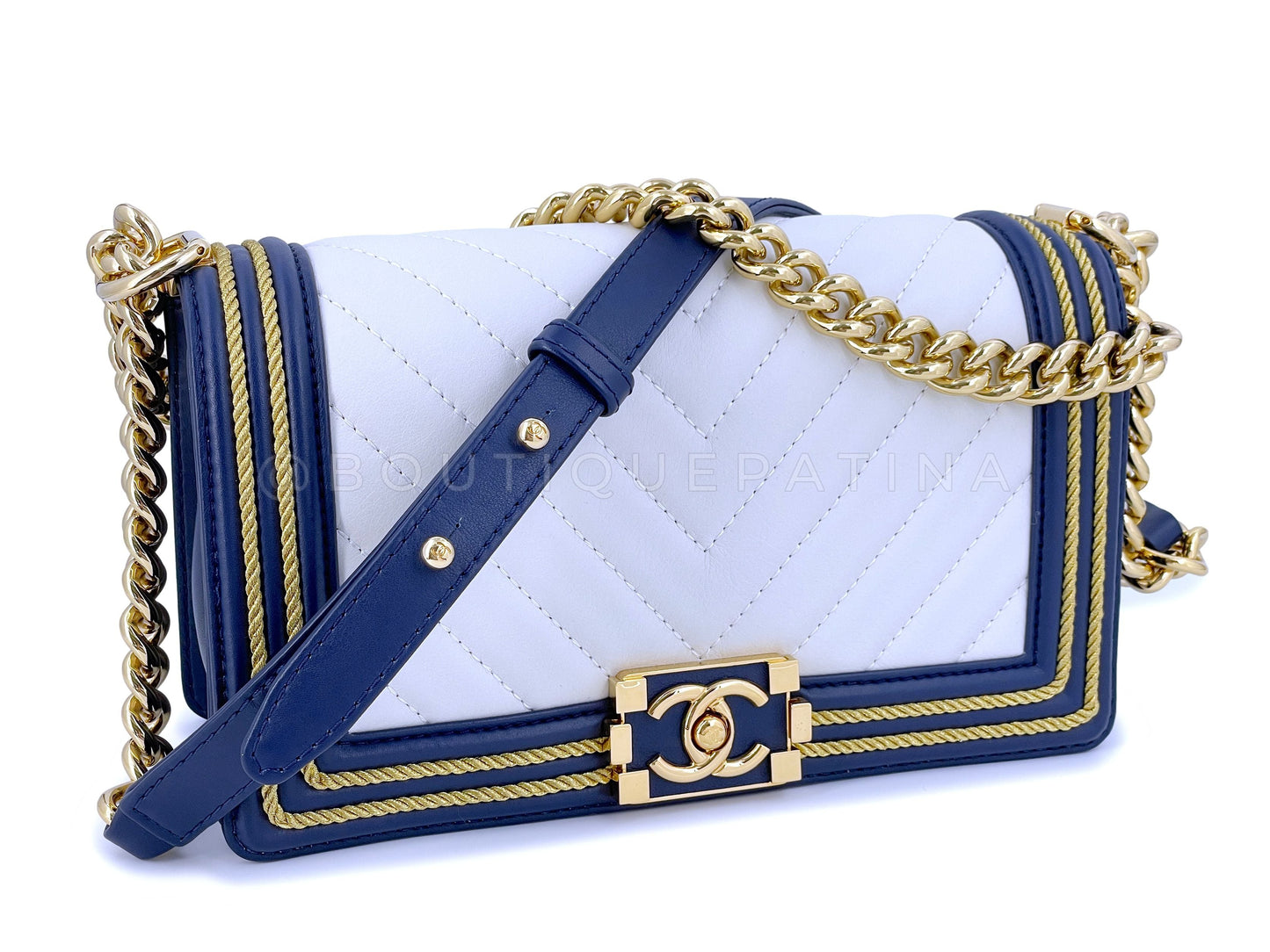 Chanel 19C By the Sea White Chevron Navy Blue Gold Rope Framed Boy Flap Bag GHW XHI