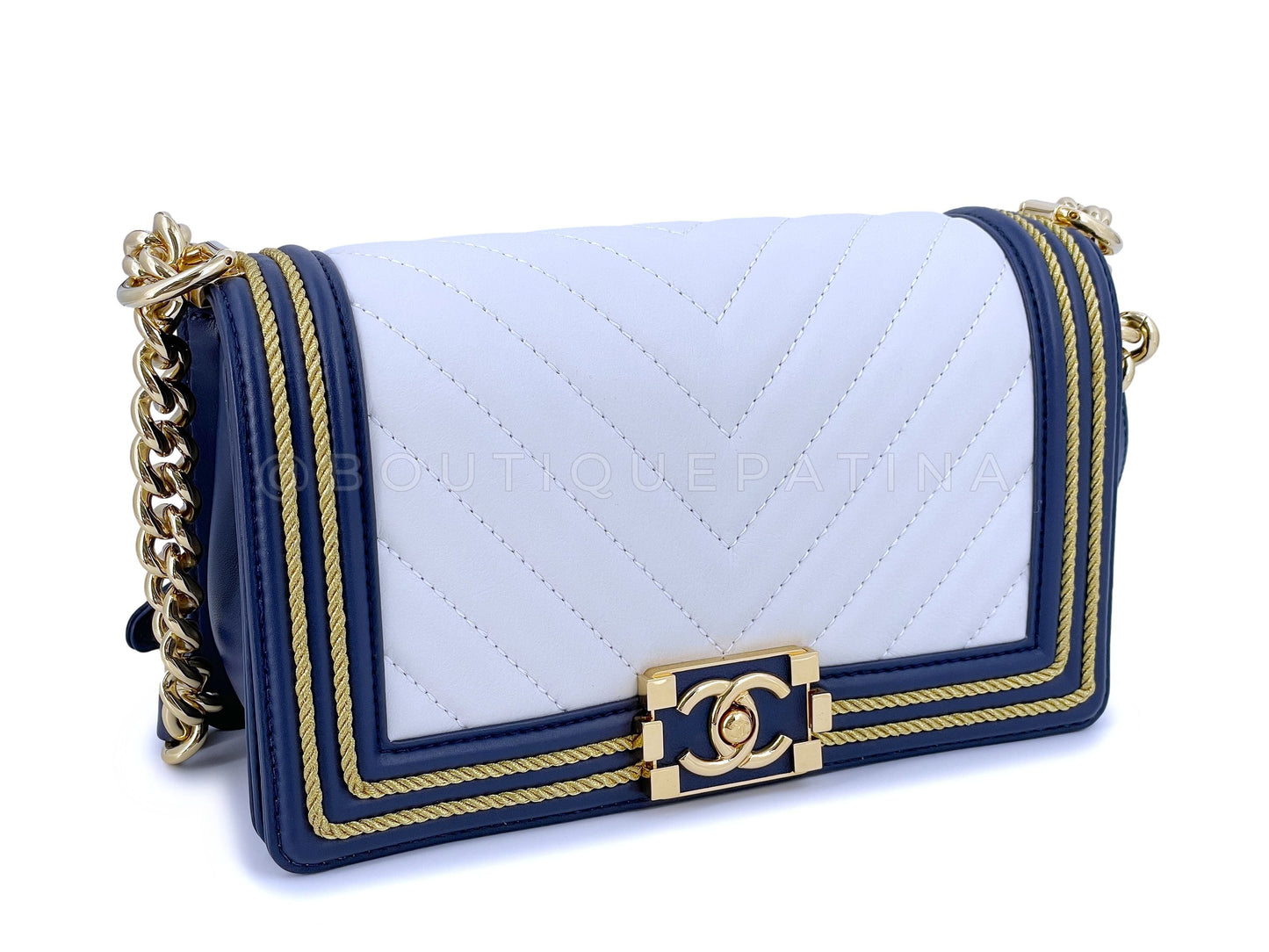 Chanel 19C By the Sea White Chevron Navy Blue Gold Rope Framed Boy Flap Bag GHW XHI
