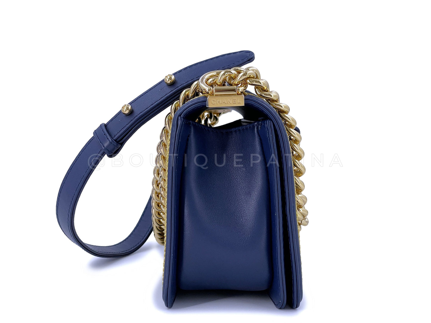 Chanel 19C By the Sea White Chevron Navy Blue Gold Rope Framed Boy Flap Bag GHW XHI
