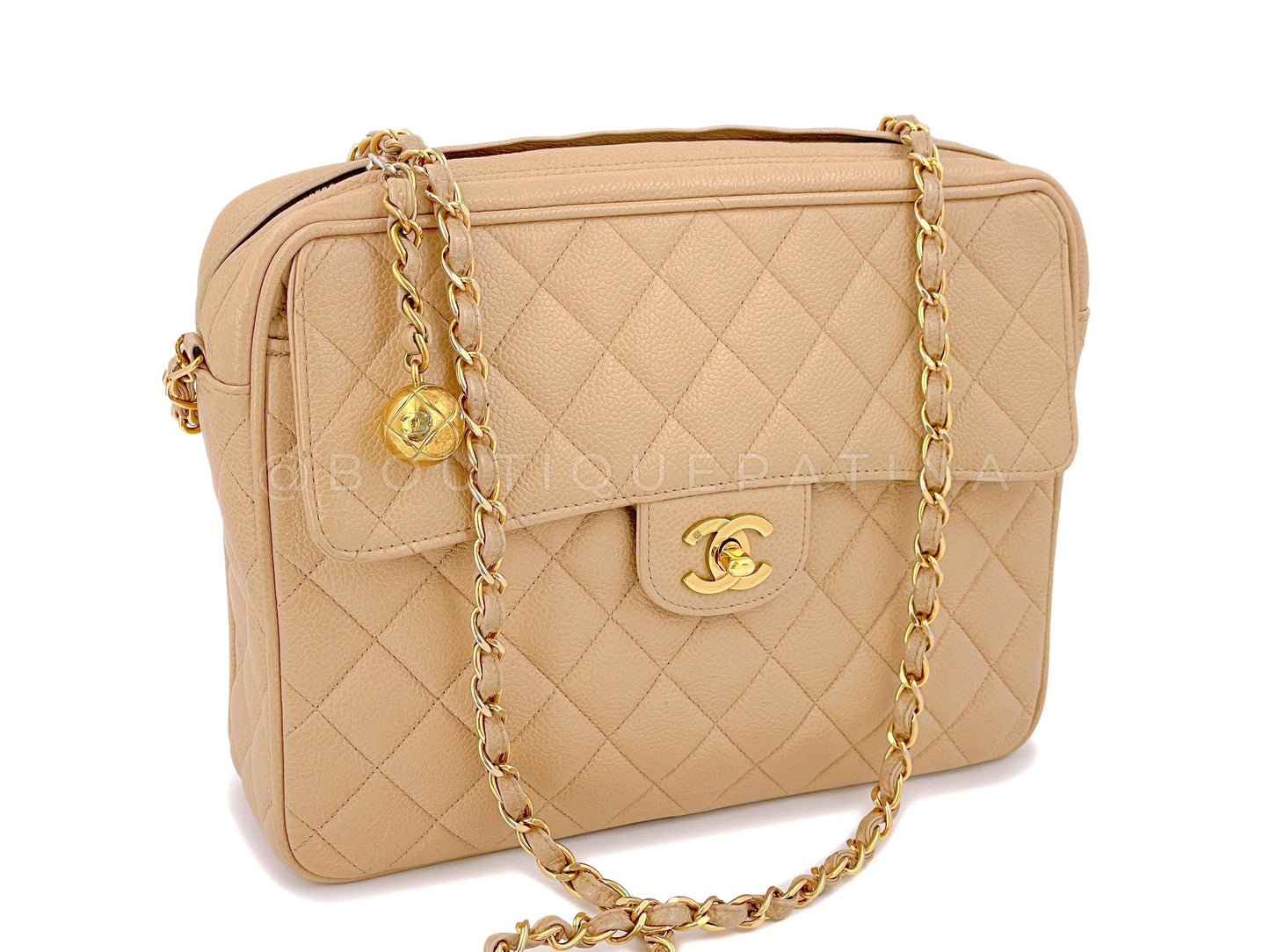 Chanel Vintage Beige Caviar Classic Quilted Flap Camera Case Bag 24k GHW