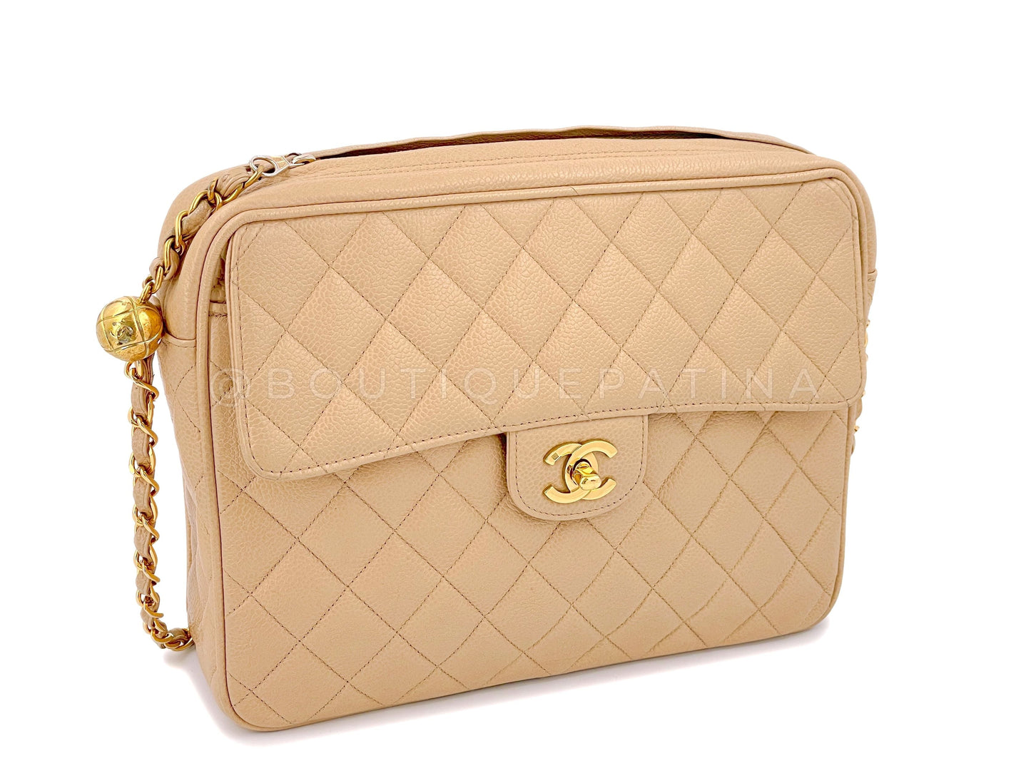 Chanel Vintage Beige Caviar Classic Quilted Flap Camera Case Bag 24k GHW