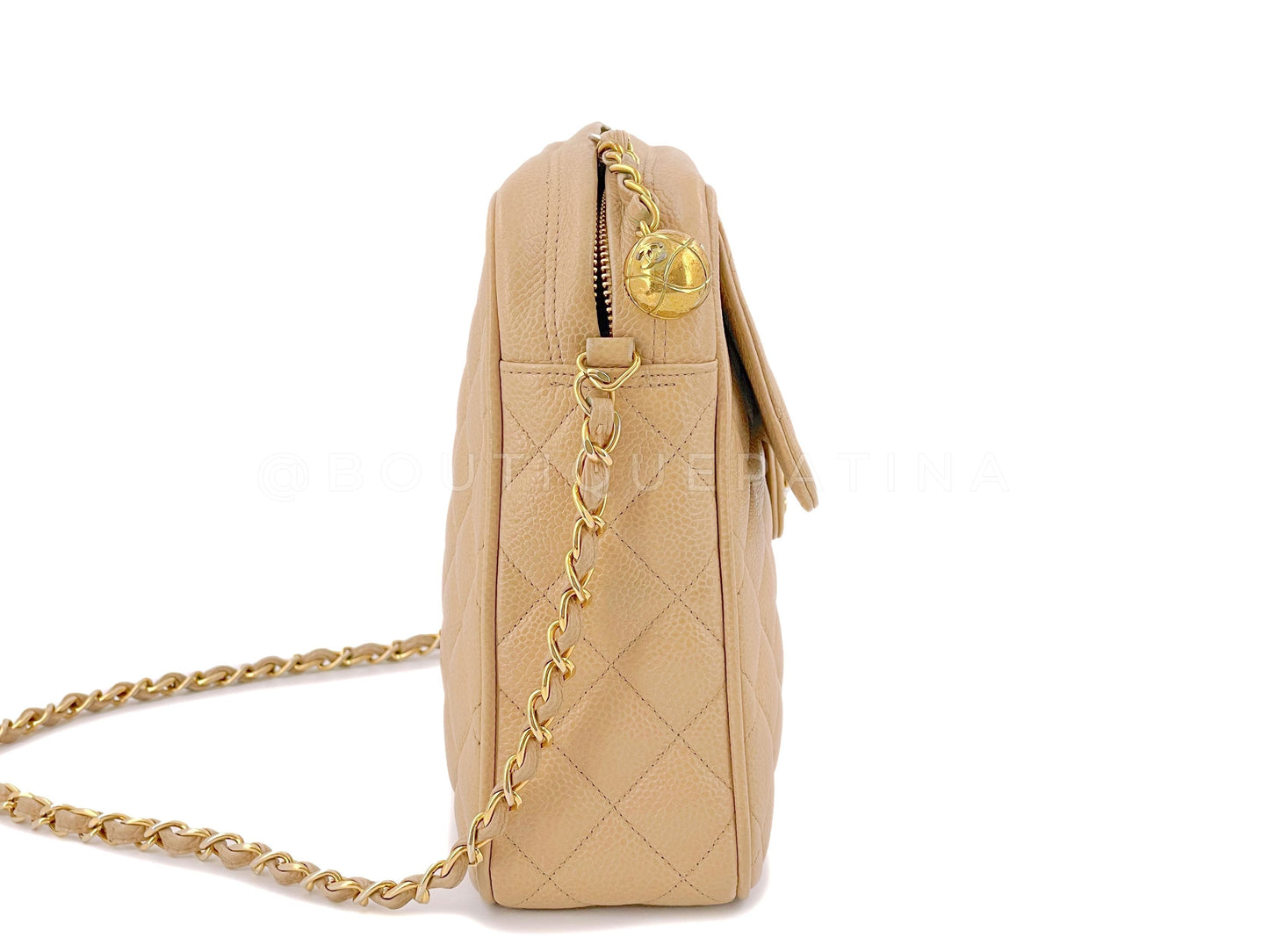 Chanel Vintage Beige Caviar Classic Quilted Flap Camera Case Bag 24k GHW