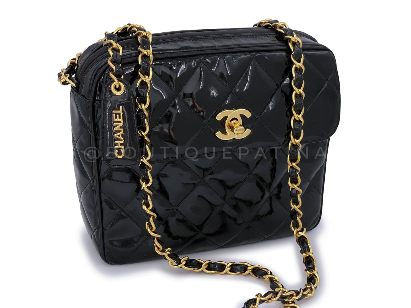 Chanel Vintage Black Patent Small Flap Camera Case Bag 24k GHW