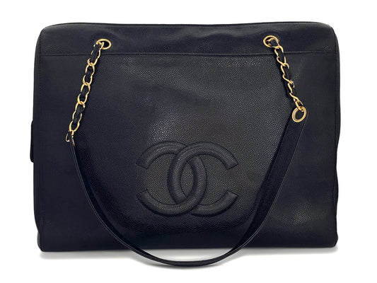 Chanel Vintage Black Caviar Weekender Large Zipped Shopper Tote Bag 24k GHW