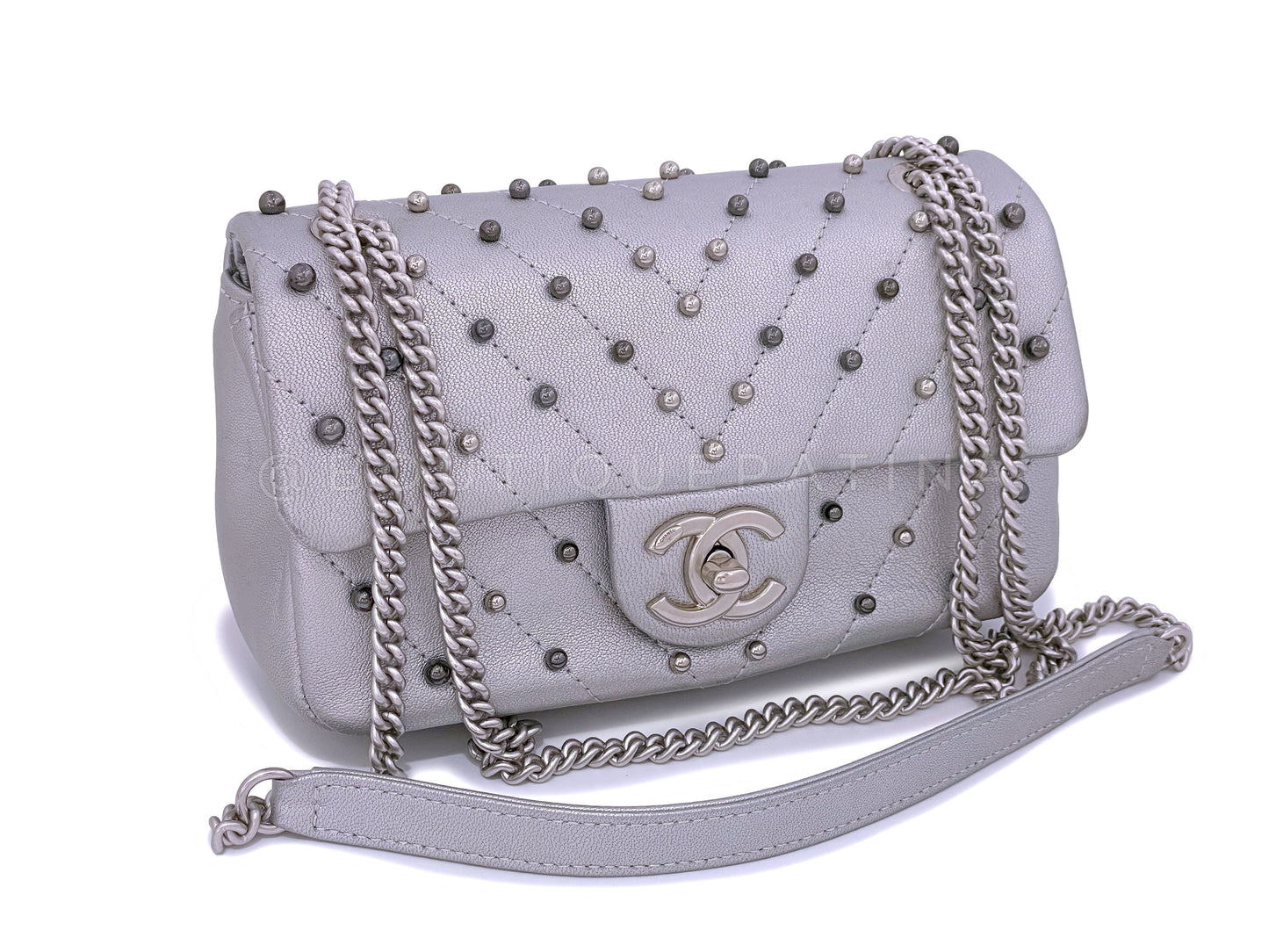 Chanel Silver Chevron Pearl Lambskin Rectangular Mini Flap Bag SHW BE2