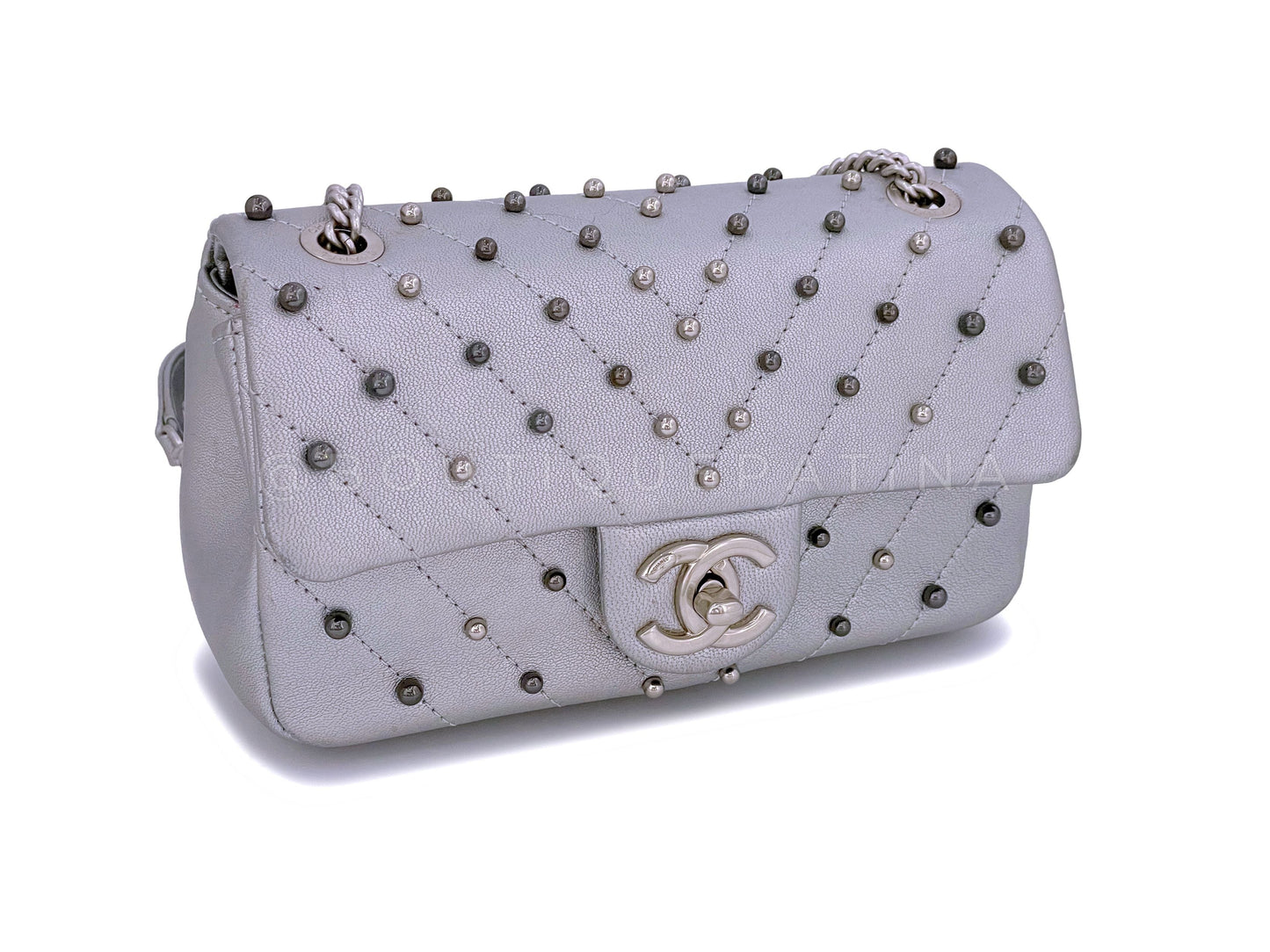 Chanel Silver Chevron Pearl Lambskin Rectangular Mini Flap Bag SHW BE2