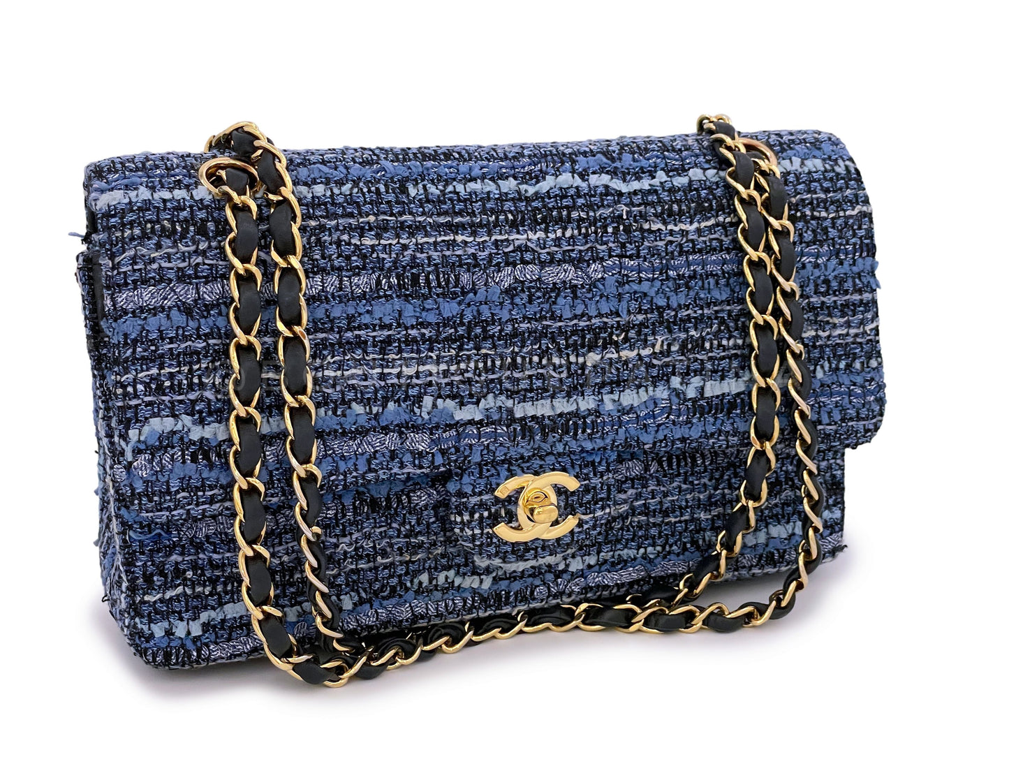Chanel Vintage Blue Tweed Medium Classic Double Flap Bag 24k GHW
