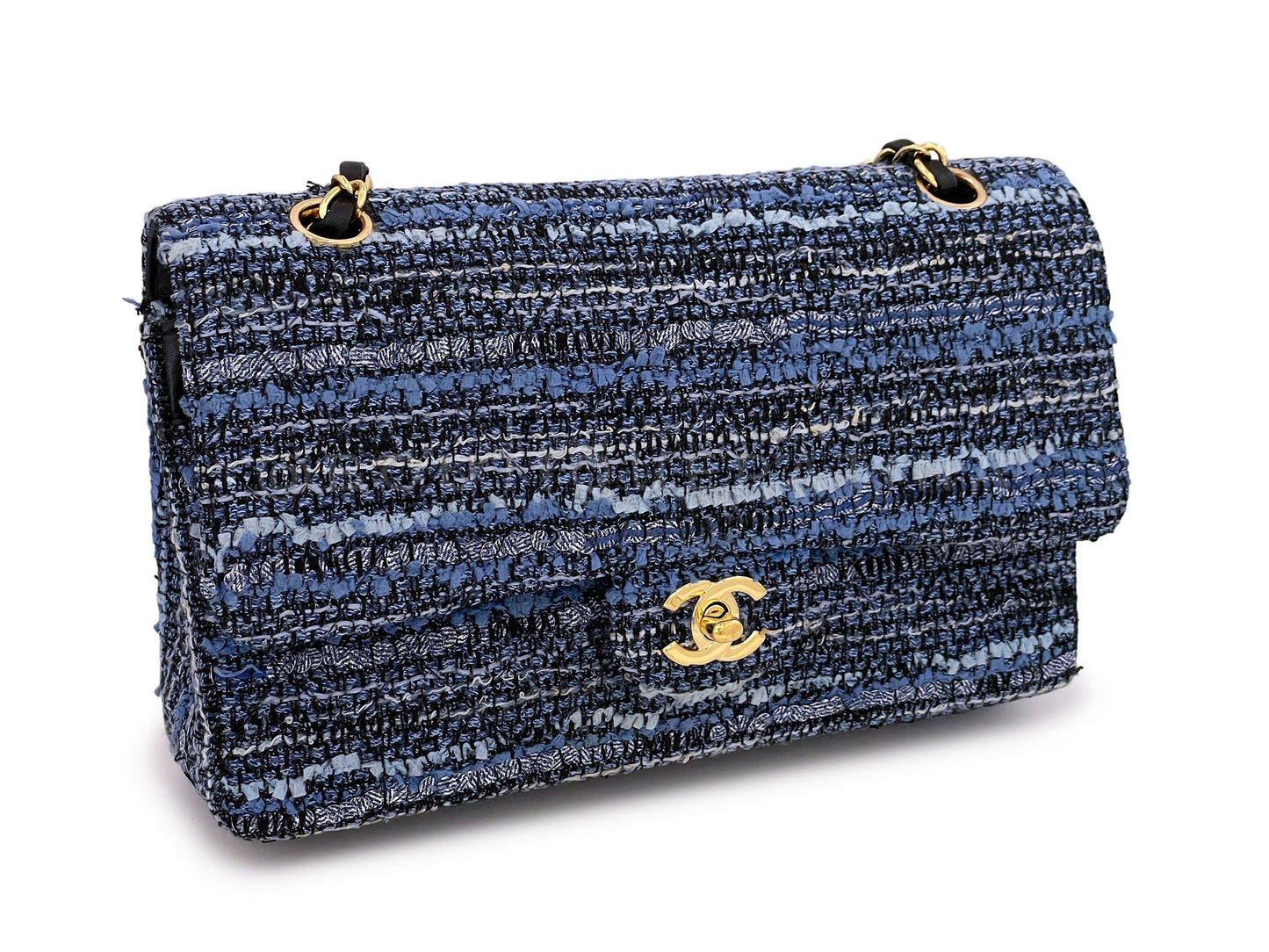 Chanel Vintage Blue Tweed Medium Classic Double Flap Bag 24k GHW
