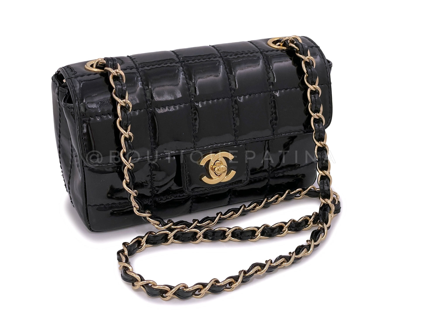 Chanel Vintage Black Patent Extra Mini Flap Bag 24k GHW Chocolate Bar