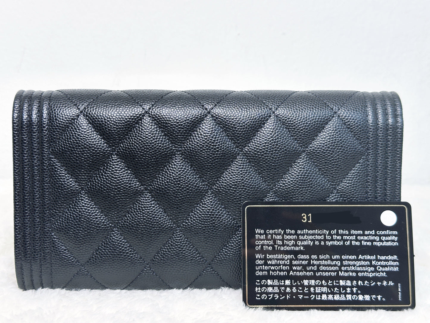 CHANEL Black Quilted Caviar Large Boy Gusset Flap Wallet 3199 holo card