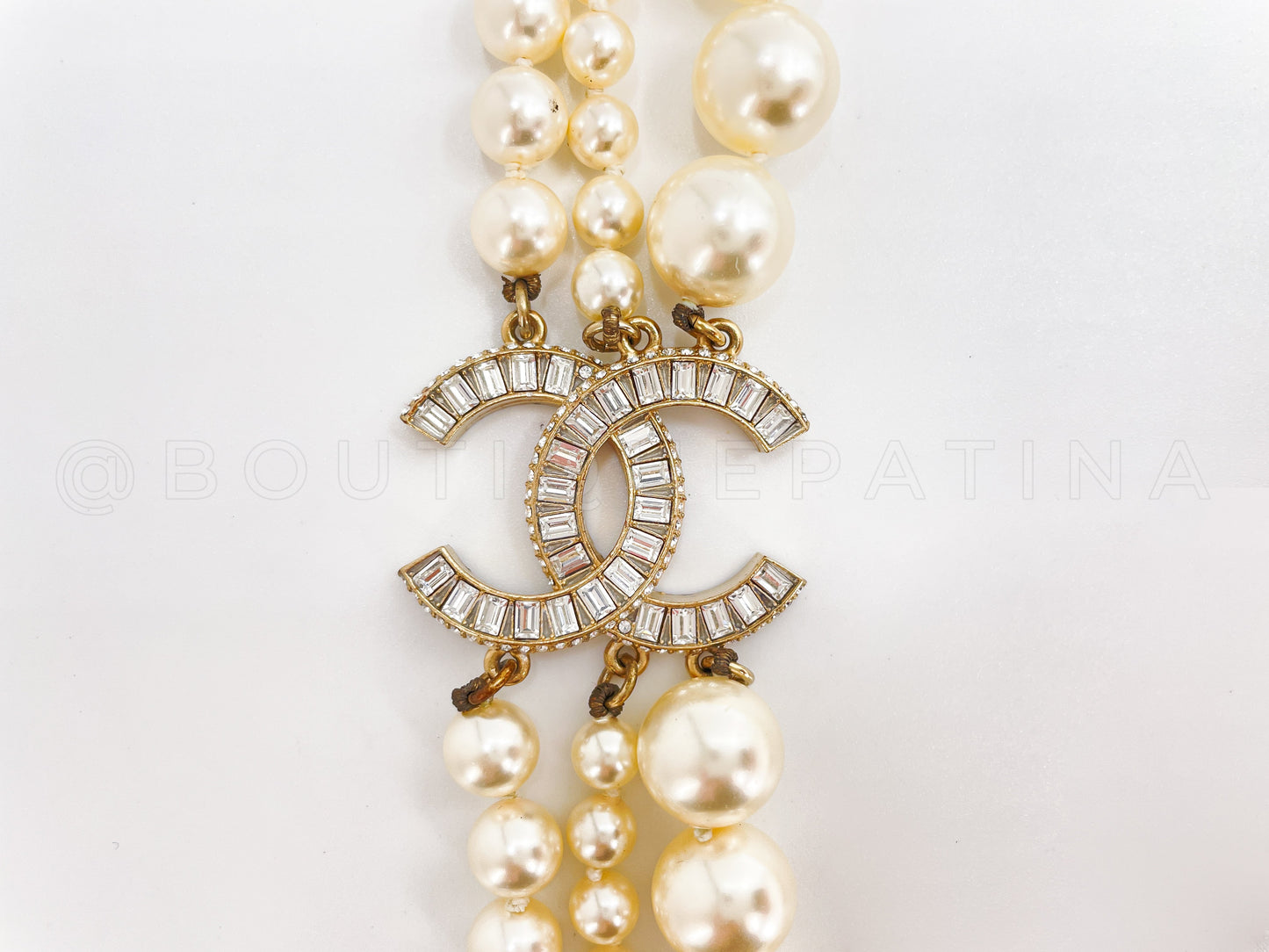 Chanel 14B Pearl and Baguette Crystal Triple Strand Choker Necklace