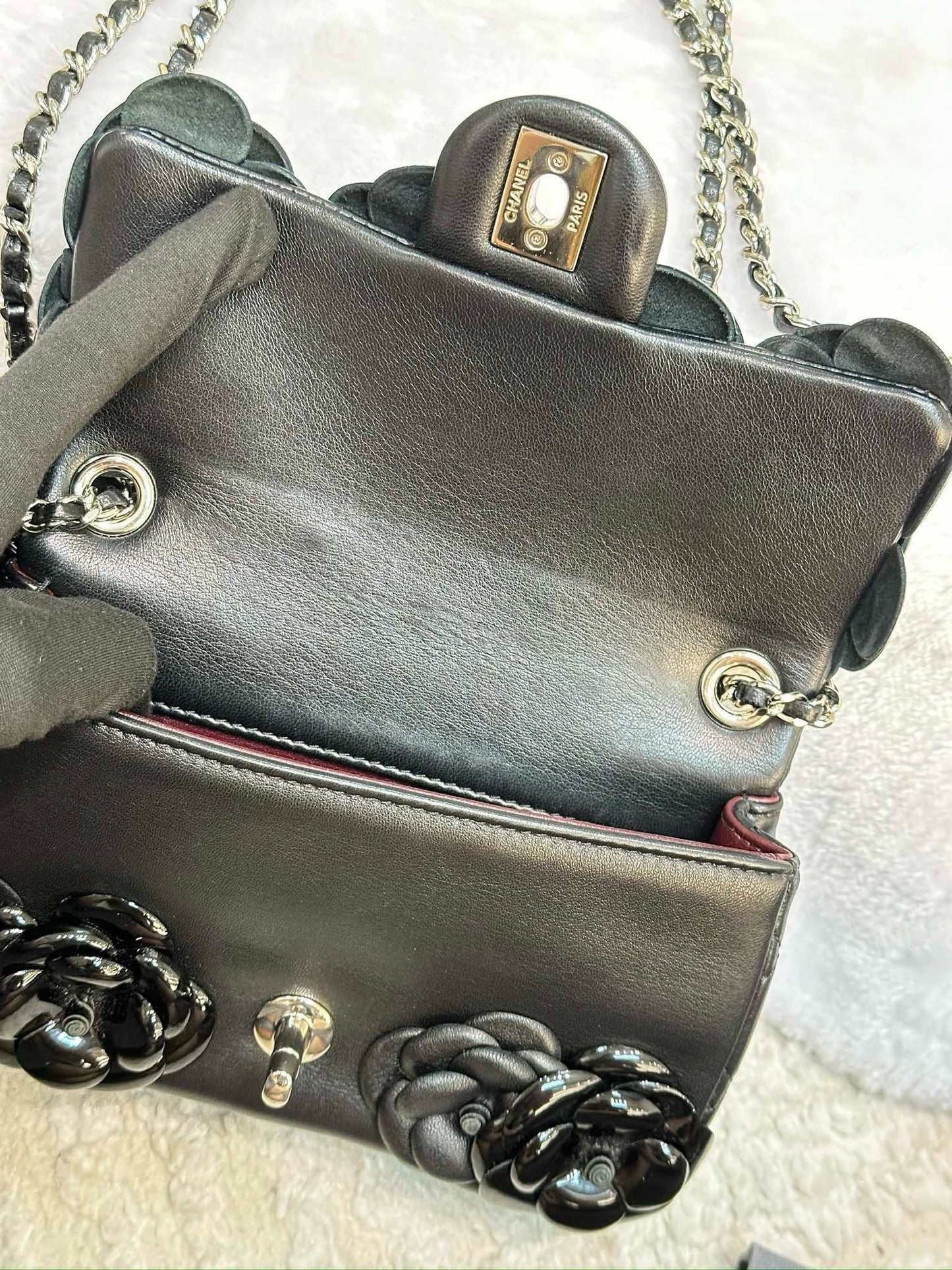 Chanel Mini Limited Edition Black Camellia  Lambskin Flap Bag