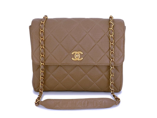 Chanel 1994 Vintage Taupe Beige Caviar Tall Crossbody Flap Bag 24k GHW