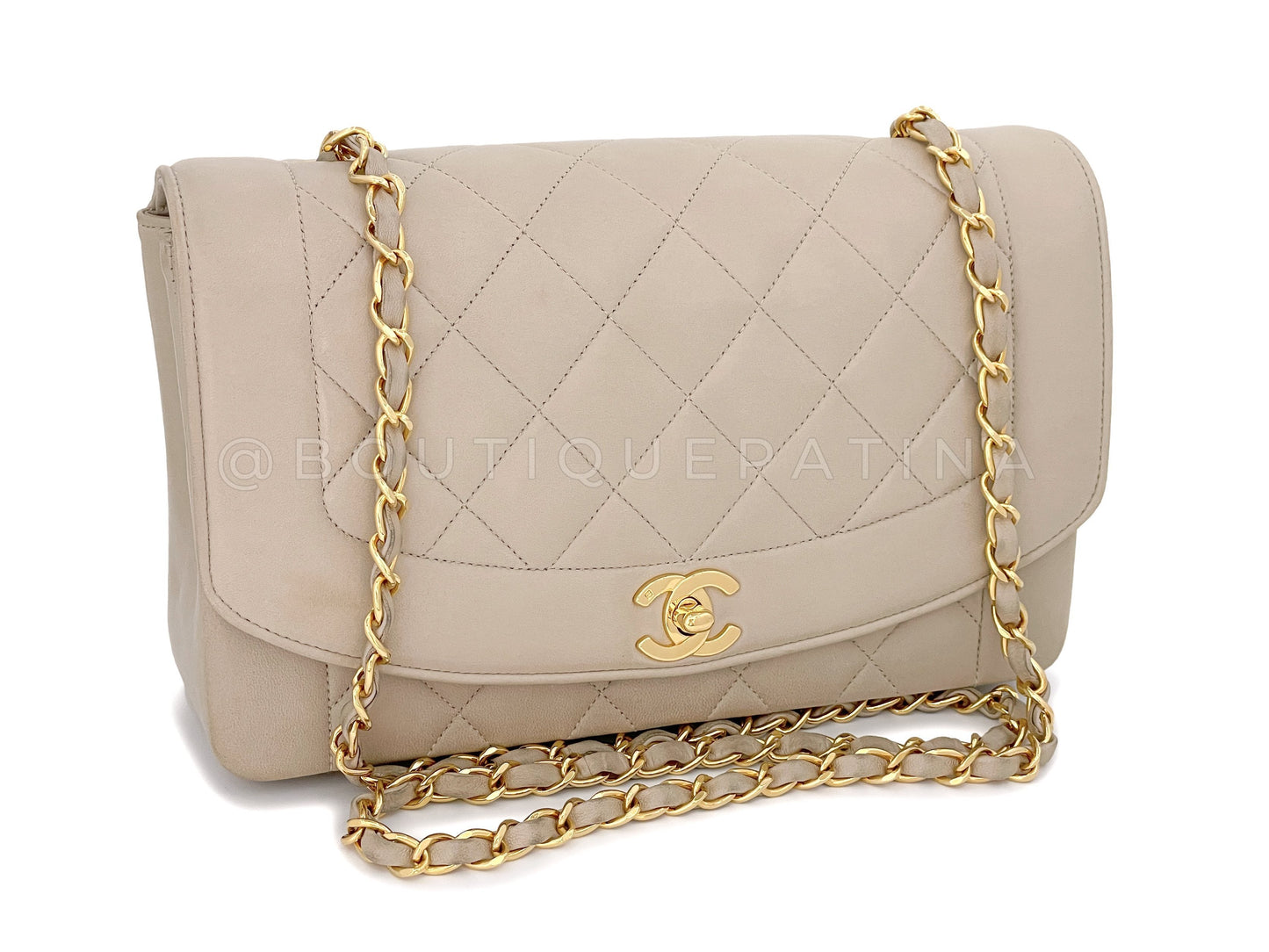 Chanel 1993 Vintage Light Taupe Beige Medium Diana Flap Bag 24k GHW Lambskin