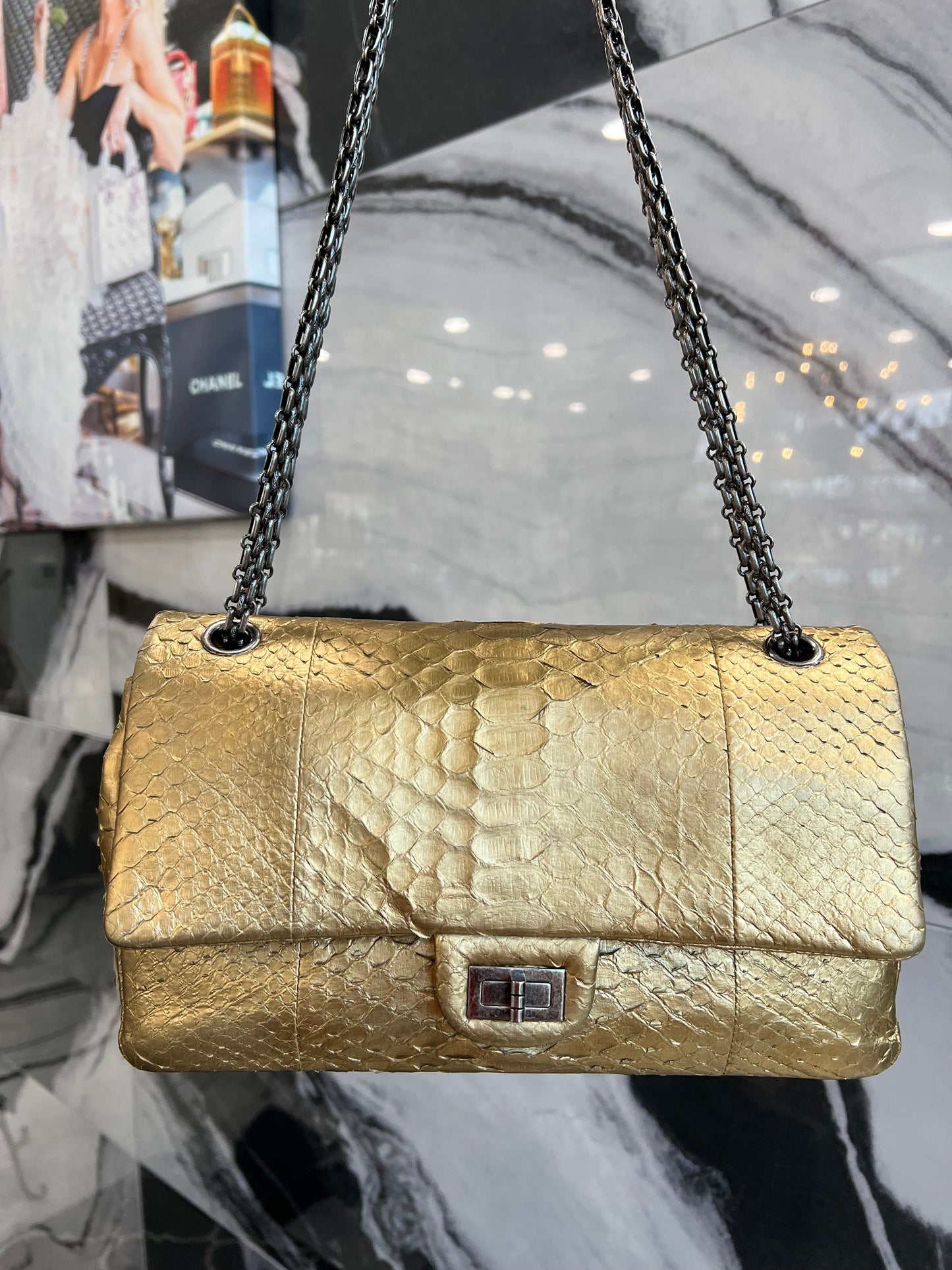 CHANEL REISSUE DOUBLE JUMBO FLAP BAG IN MATTE GOLD PYTHON