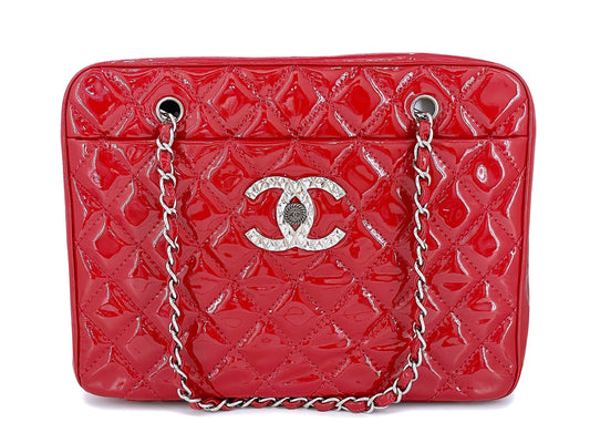 Chanel Red Luxury Giant XL Brilliant CC Patent Luggage Shopper Tote Bag