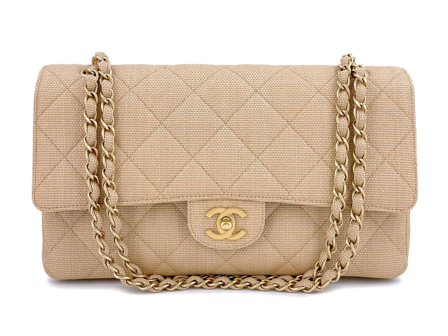 Rare Chanel 2003 Vintage Beige Raffia Medium Classic Double Flap Bag GHW