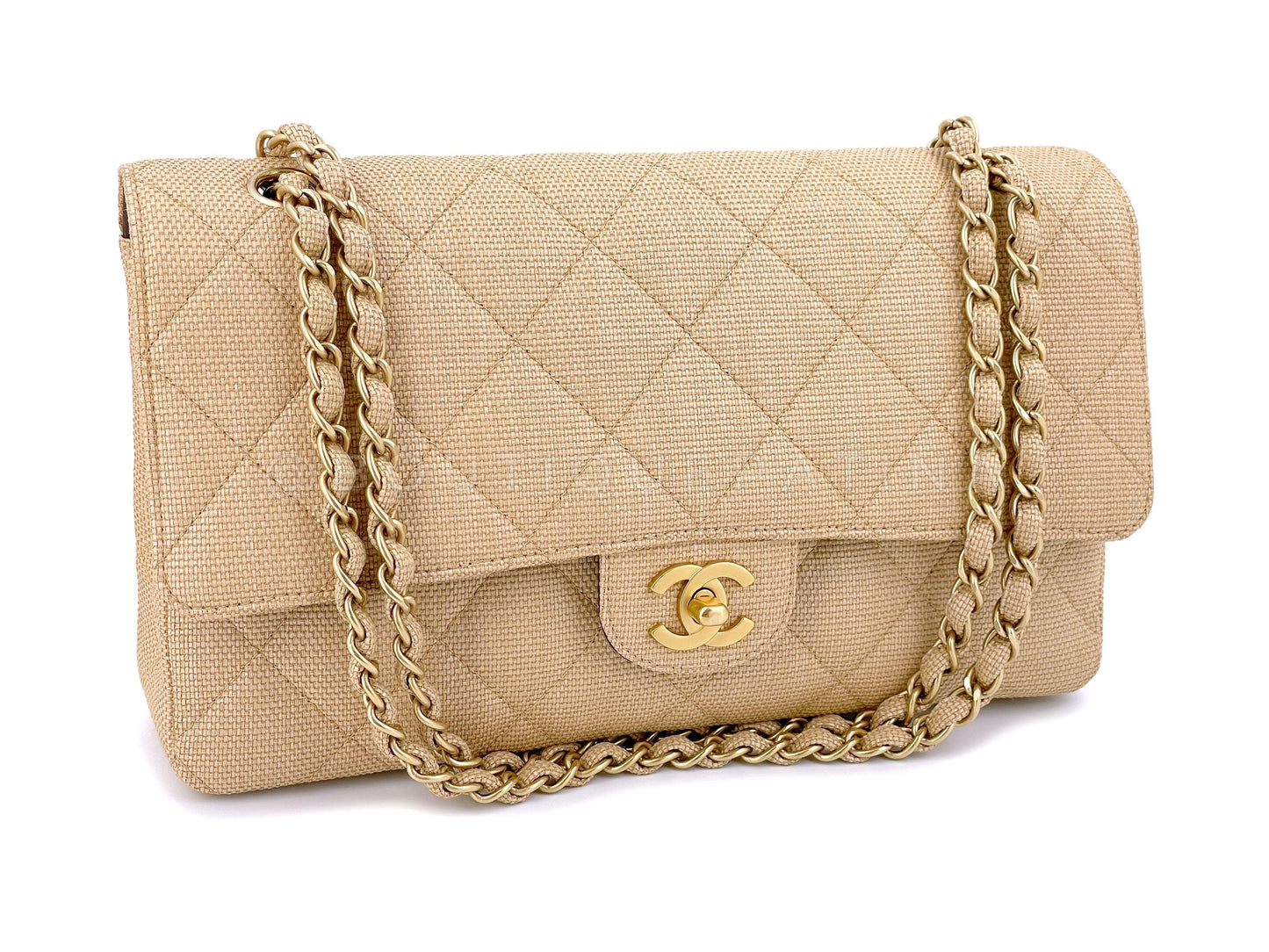 Rare Chanel 2003 Vintage Beige Raffia Medium Classic Double Flap Bag GHW