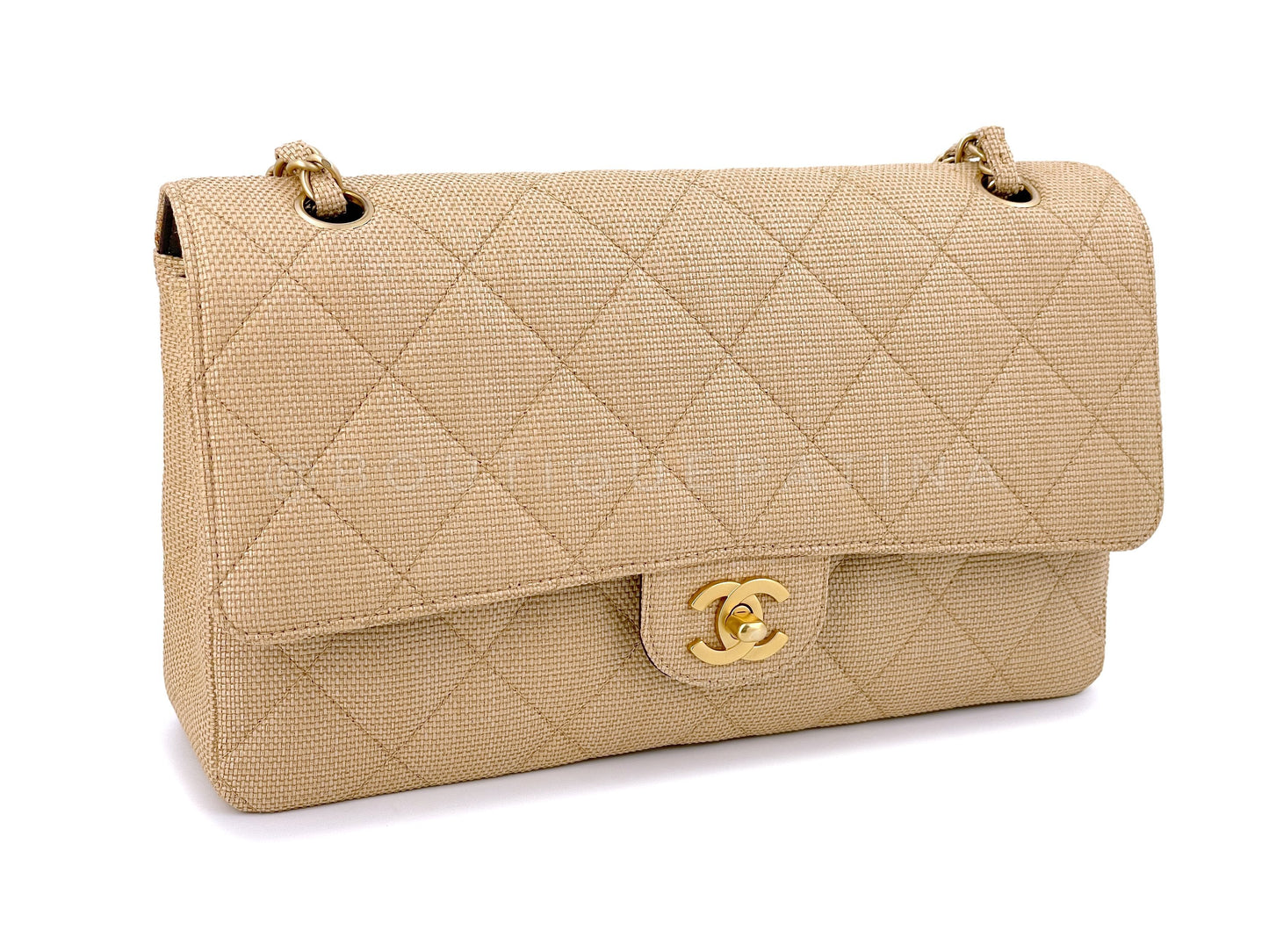 Rare Chanel 2003 Vintage Beige Raffia Medium Classic Double Flap Bag GHW