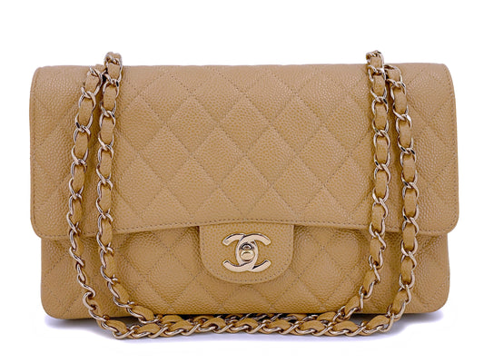 Chanel 2003 Vintage Caramel Beige Caviar Medium Classic Double Flap Bag 24k GHW
