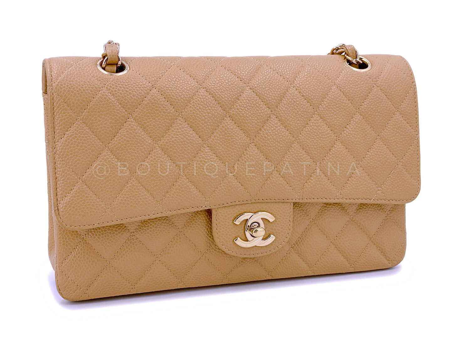 Chanel 2003 Vintage Caramel Beige Caviar Medium Classic Double Flap Bag 24k GHW