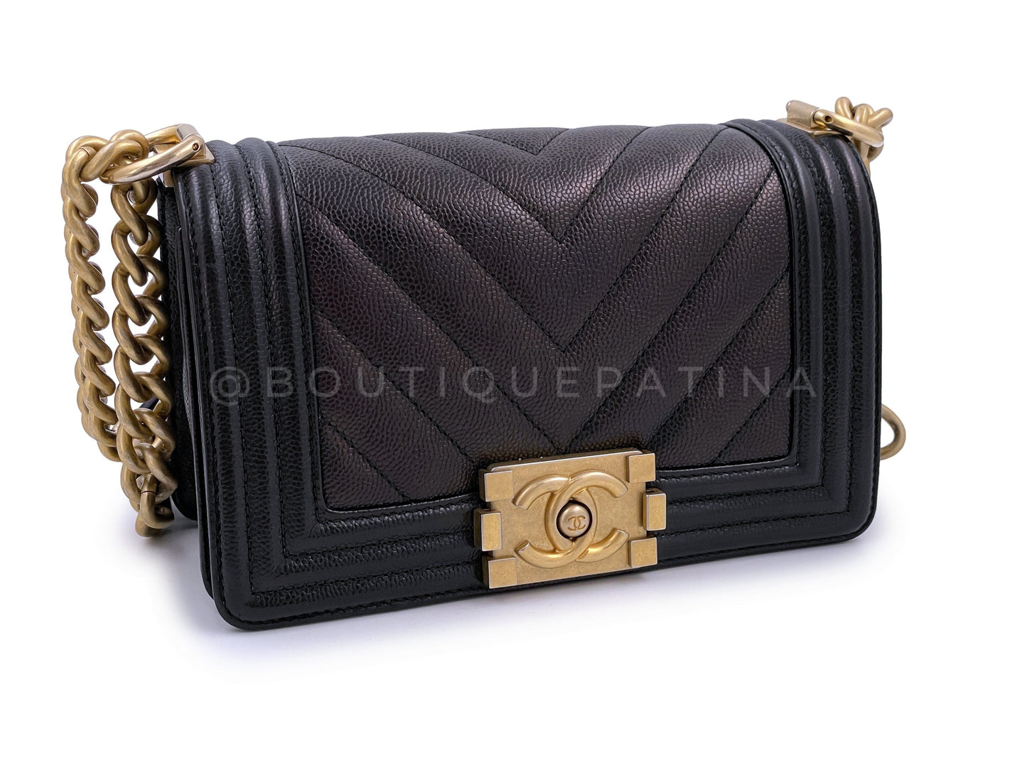 Chanel Black Caviar Chevron Small Boy Flap Bag GHW