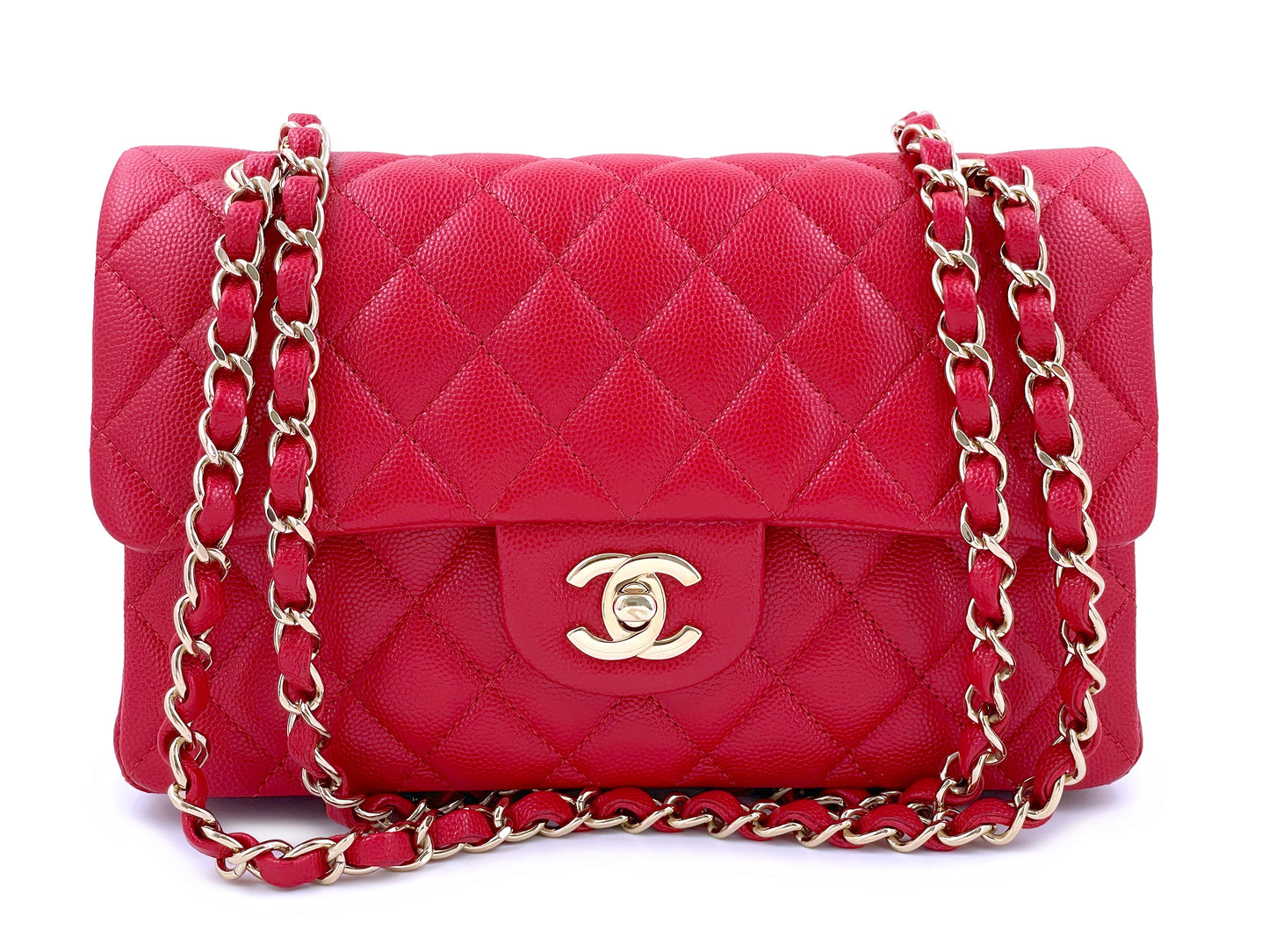 Pristine Chanel 19B Red Caviar Small Classic Double Flap Bag GHW 1O0