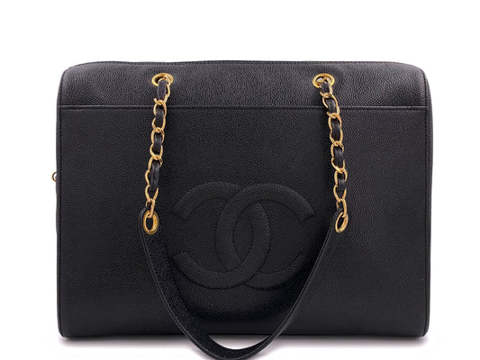 Pristine Chanel 1998 Vintage Black Caviar Zip Shopper Tote Bag 24k GHW PGC