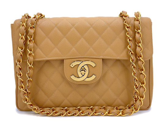 Chanel 1994 Vintage Caramel Beige Caviar Jumbo Flap Bag 24k GHW