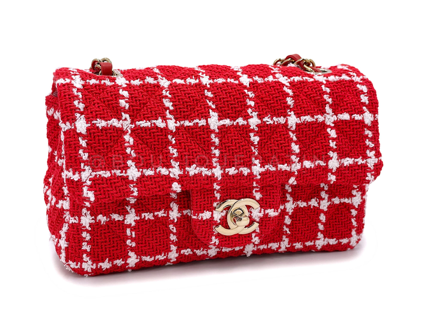 NIB Chanel 23C Red Tweed Checkered Rectangular Mini Flap Bag GHW