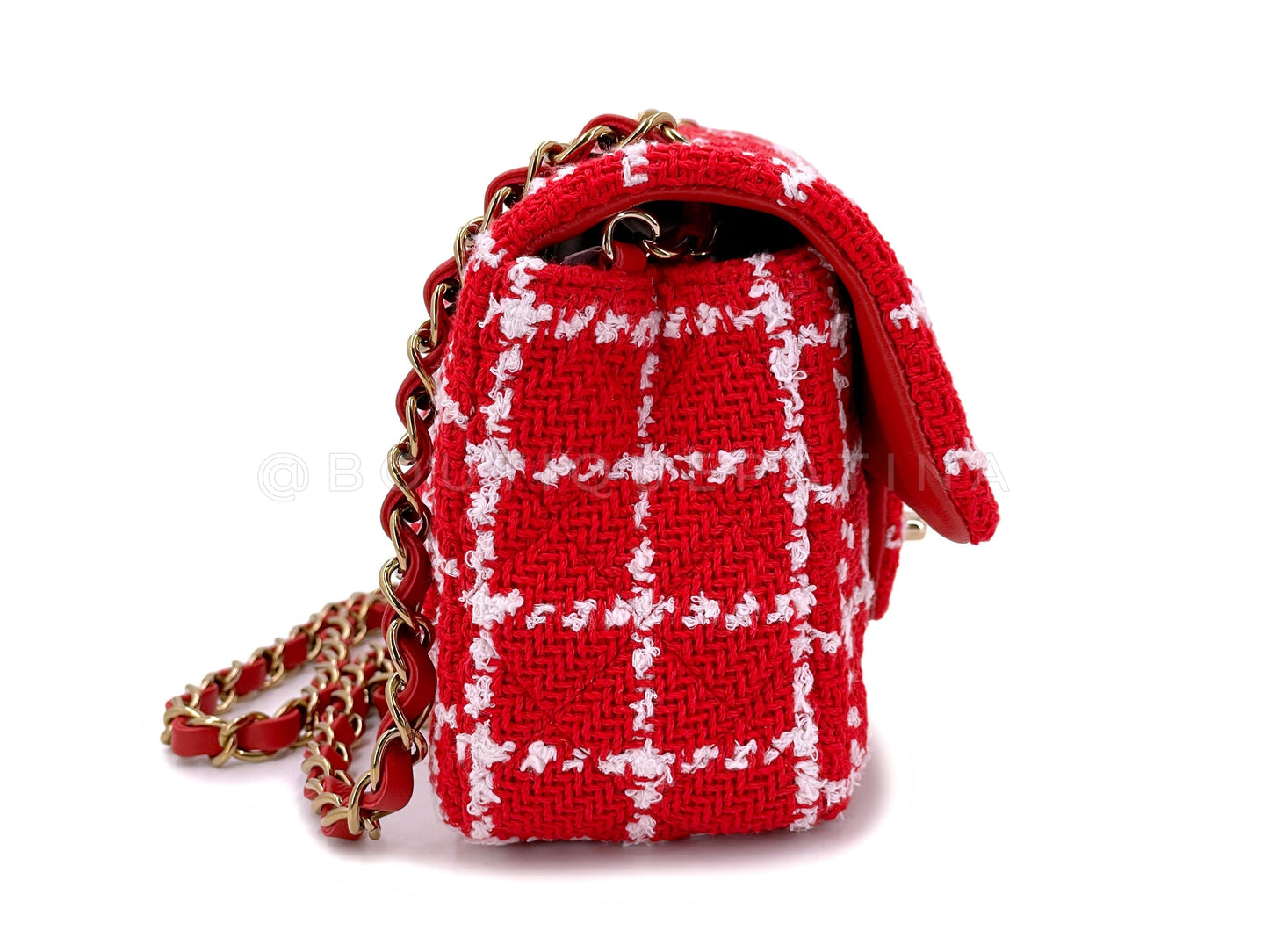 NIB Chanel 23C Red Tweed Checkered Rectangular Mini Flap Bag GHW