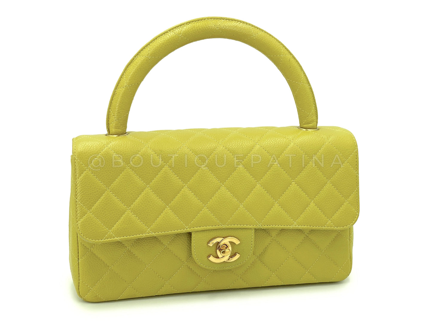 Chanel 1997 Vintage Chartreuse Green Caviar Kelly Medium Flap Parent Bag 24k GHW
