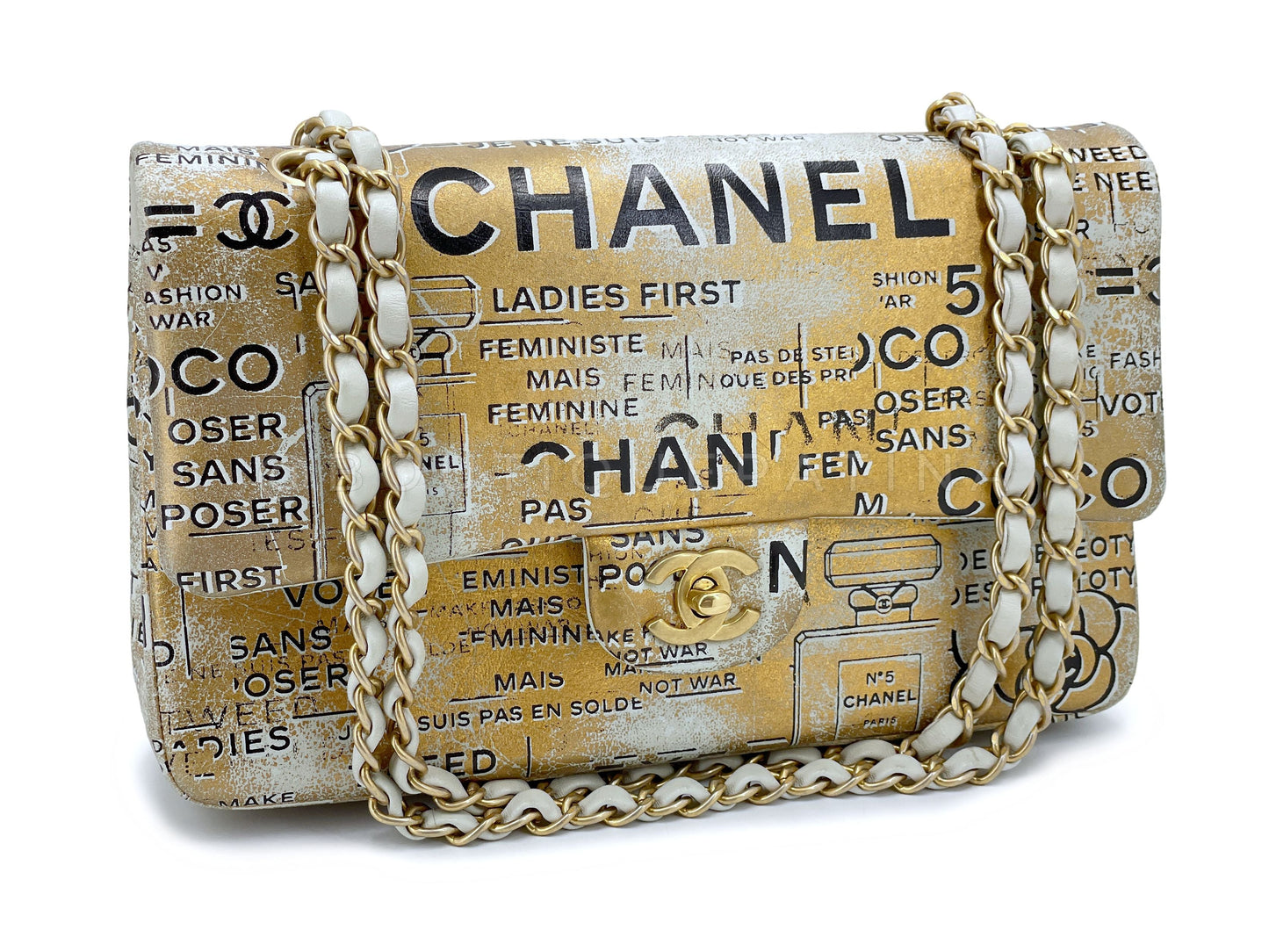 Chanel Newspaper Flap Bag 2015 Gold Graffiti Medium Double Classic GHW RB9