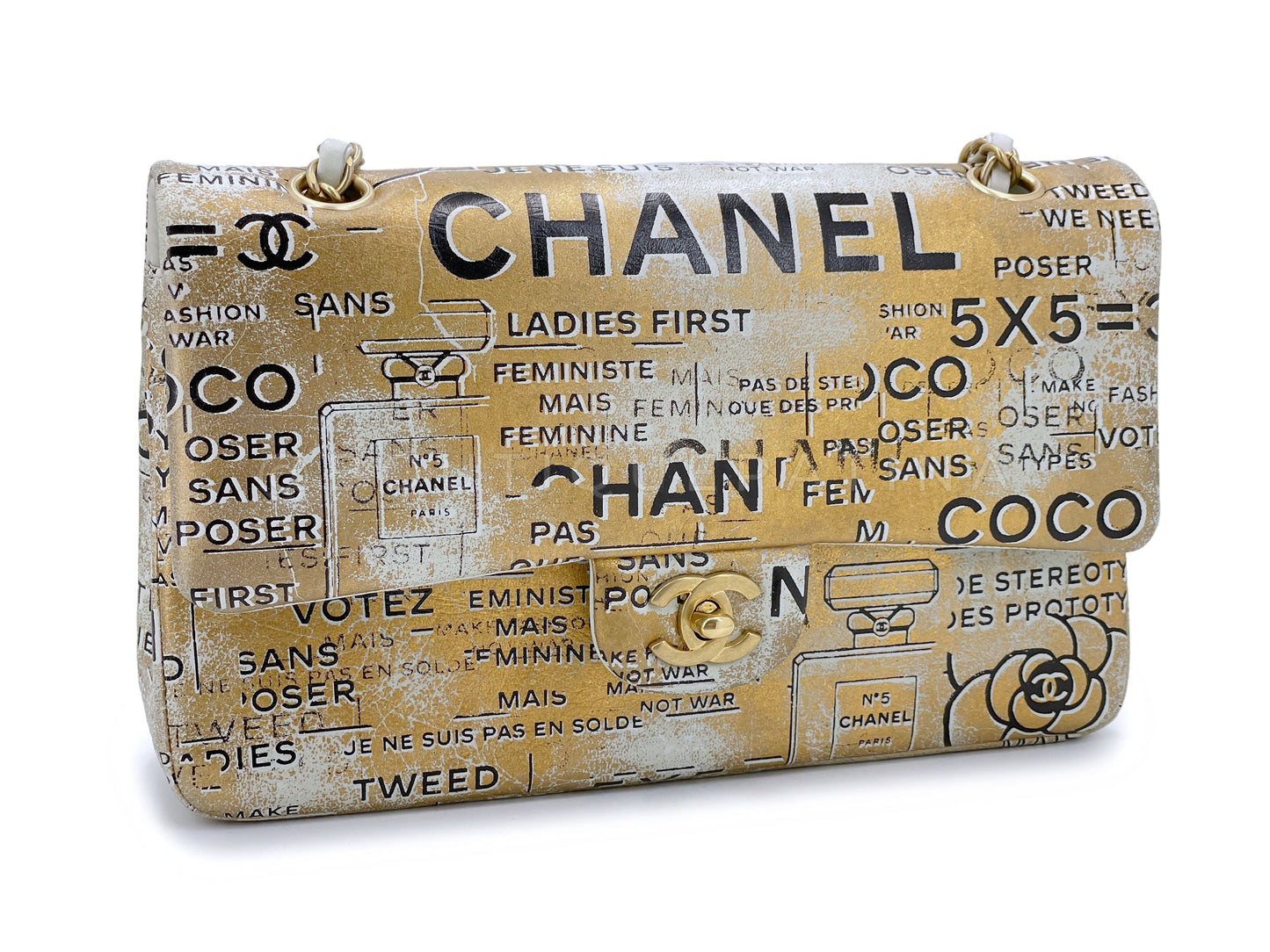 Chanel Newspaper Flap Bag 2015 Gold Graffiti Medium Double Classic GHW RB9