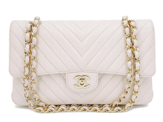 Chanel 2018 Cream Caviar Chevron Medium Classic Double Flap Bag GHW