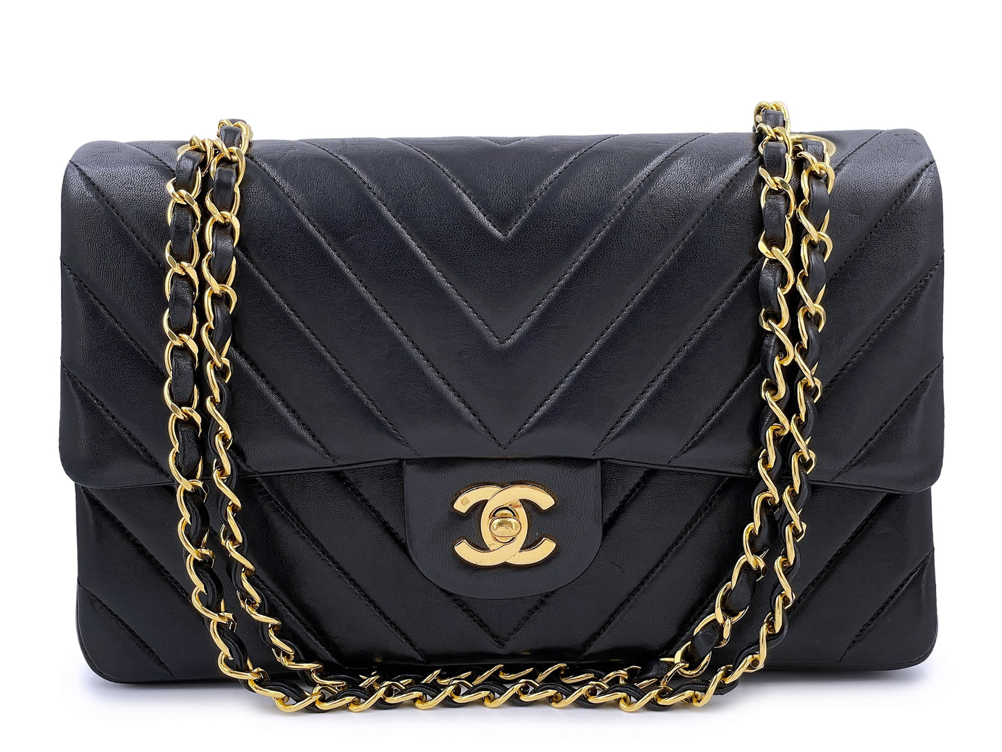 Chanel 1991 Vintage Black Chevron Medium Classic Double Flap Bag 24k GHW