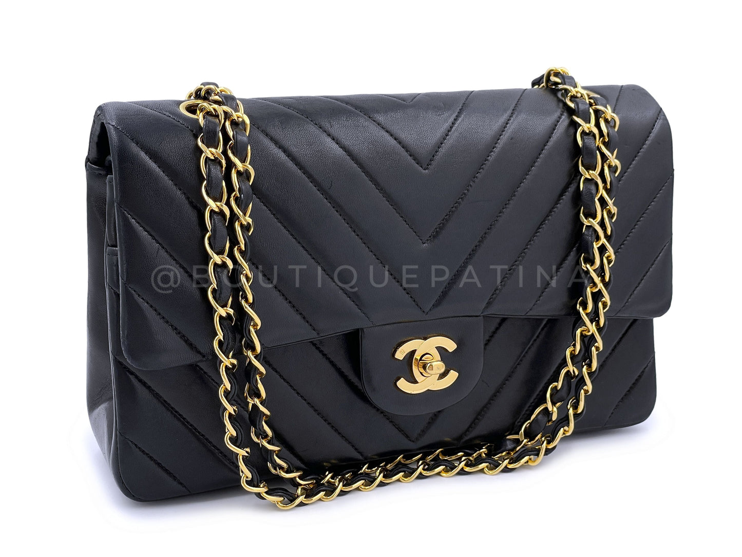 Chanel 1991 Vintage Black Chevron Medium Classic Double Flap Bag 24k GHW
