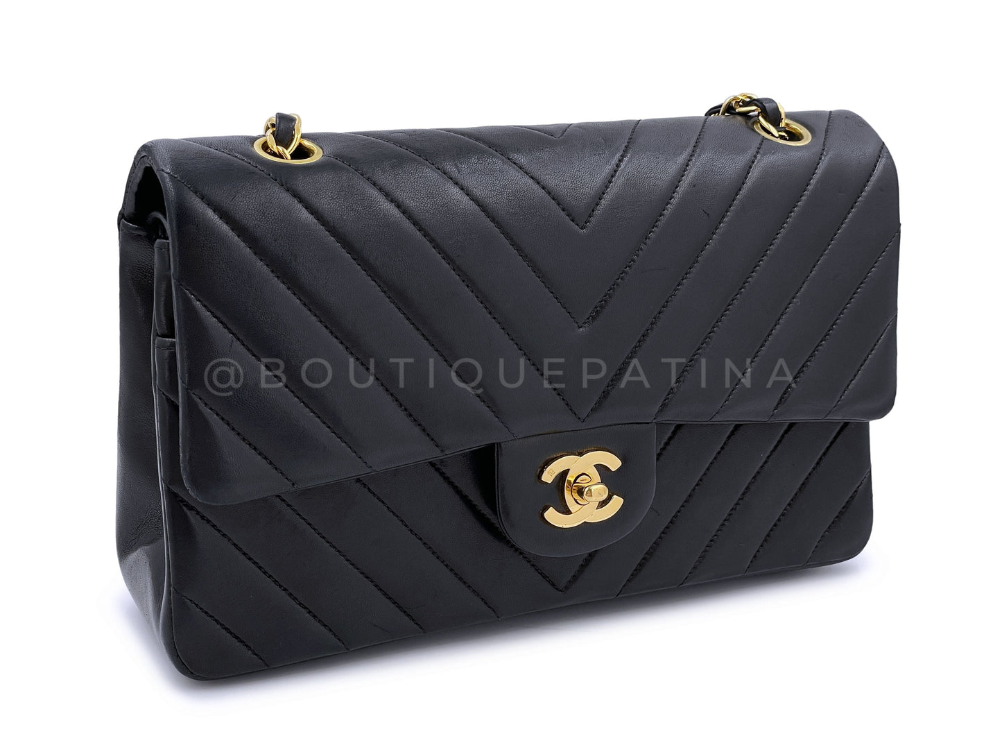 Chanel 1991 Vintage Black Chevron Medium Classic Double Flap Bag 24k GHW