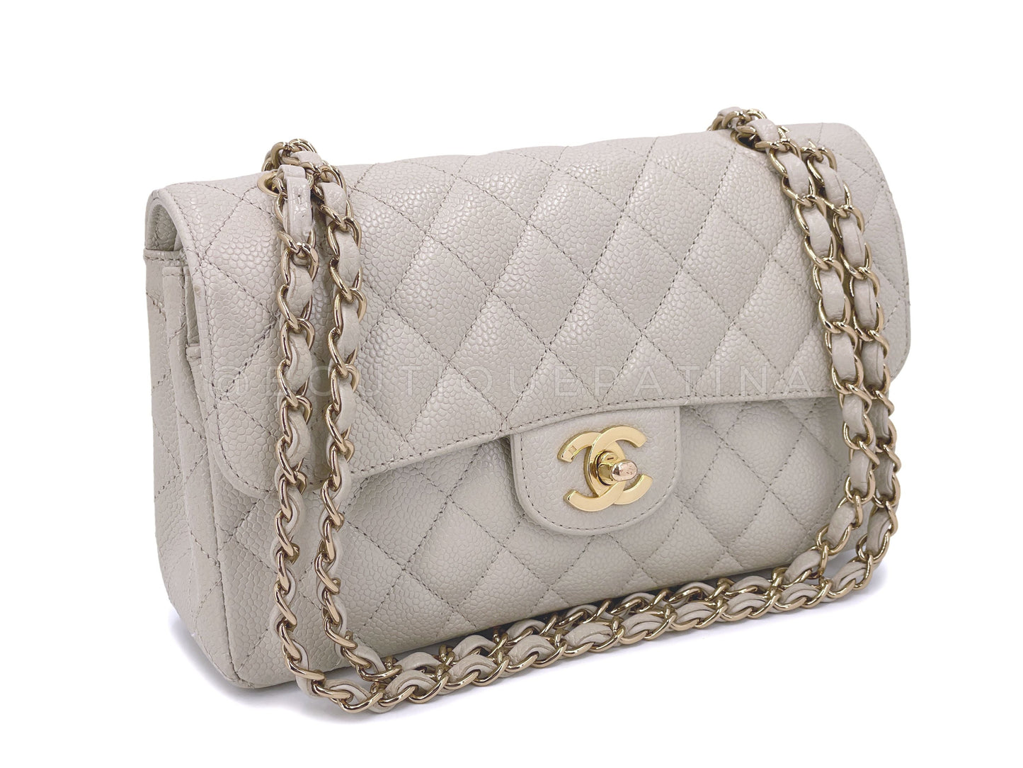Chanel 2005 Light Gray-Beige Caviar Small Classic Double Flap Bag 24k GHW
