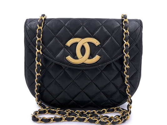 Chanel 1989 Vintage Round Half Moon Flap Bag 24k GHW Black HWA
