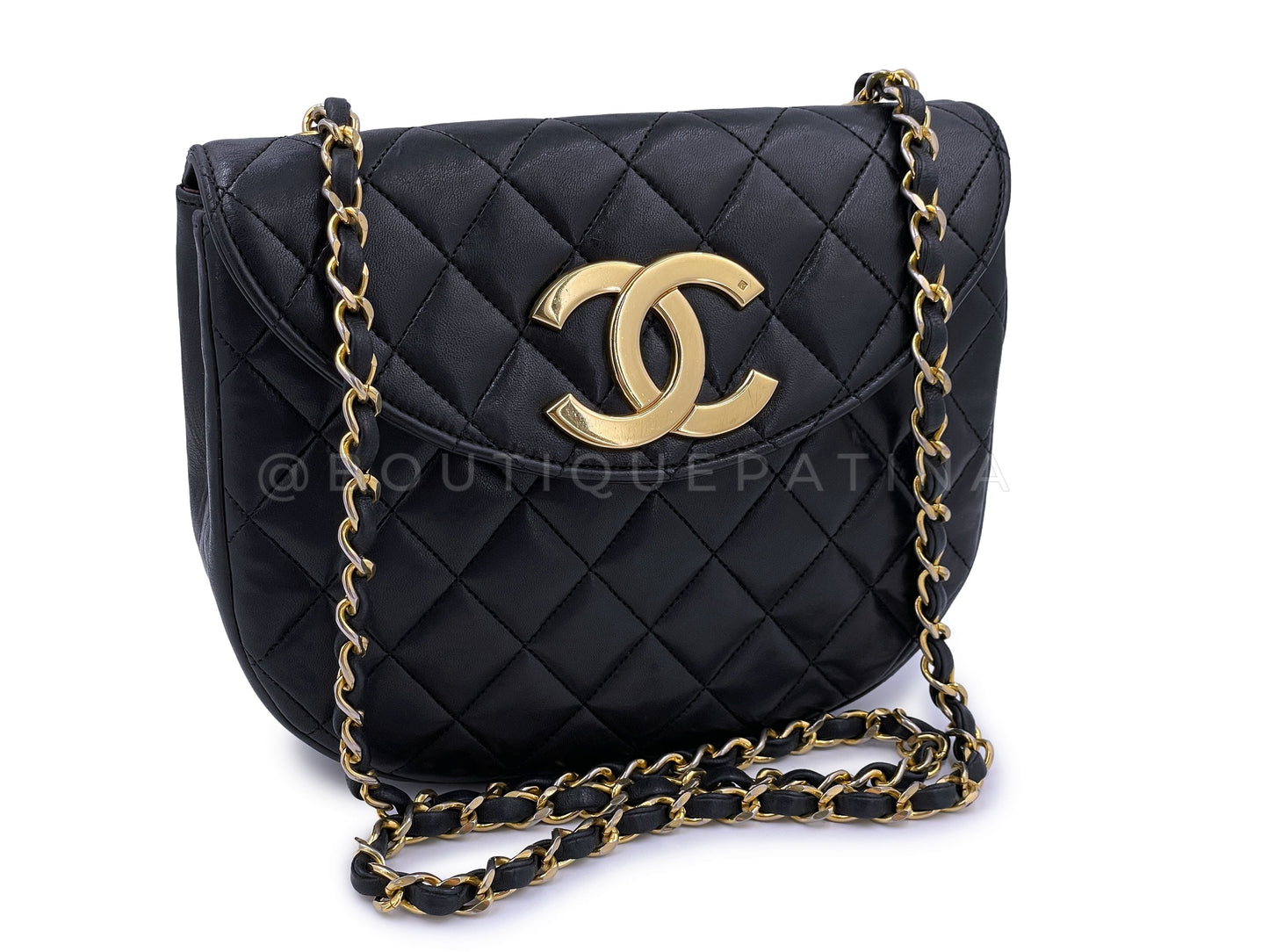 Chanel 1989 Vintage Round Half Moon Flap Bag 24k GHW Black HWA