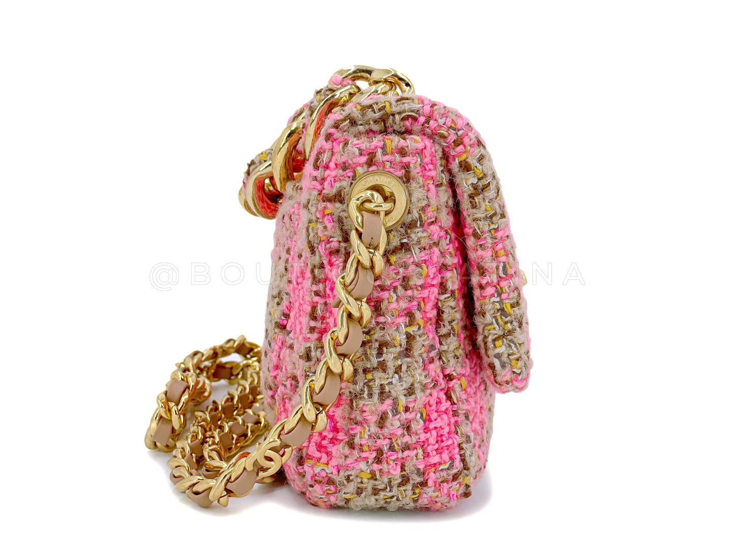 Chanel 2022 Fuchsia Pink Beige Quilted Tweed CC Chain Small Flap Bag