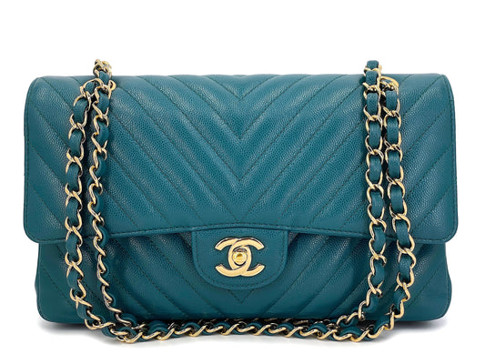 Chanel Teal Green Chevron Caviar Medium Classic Double Flap Bag GHW